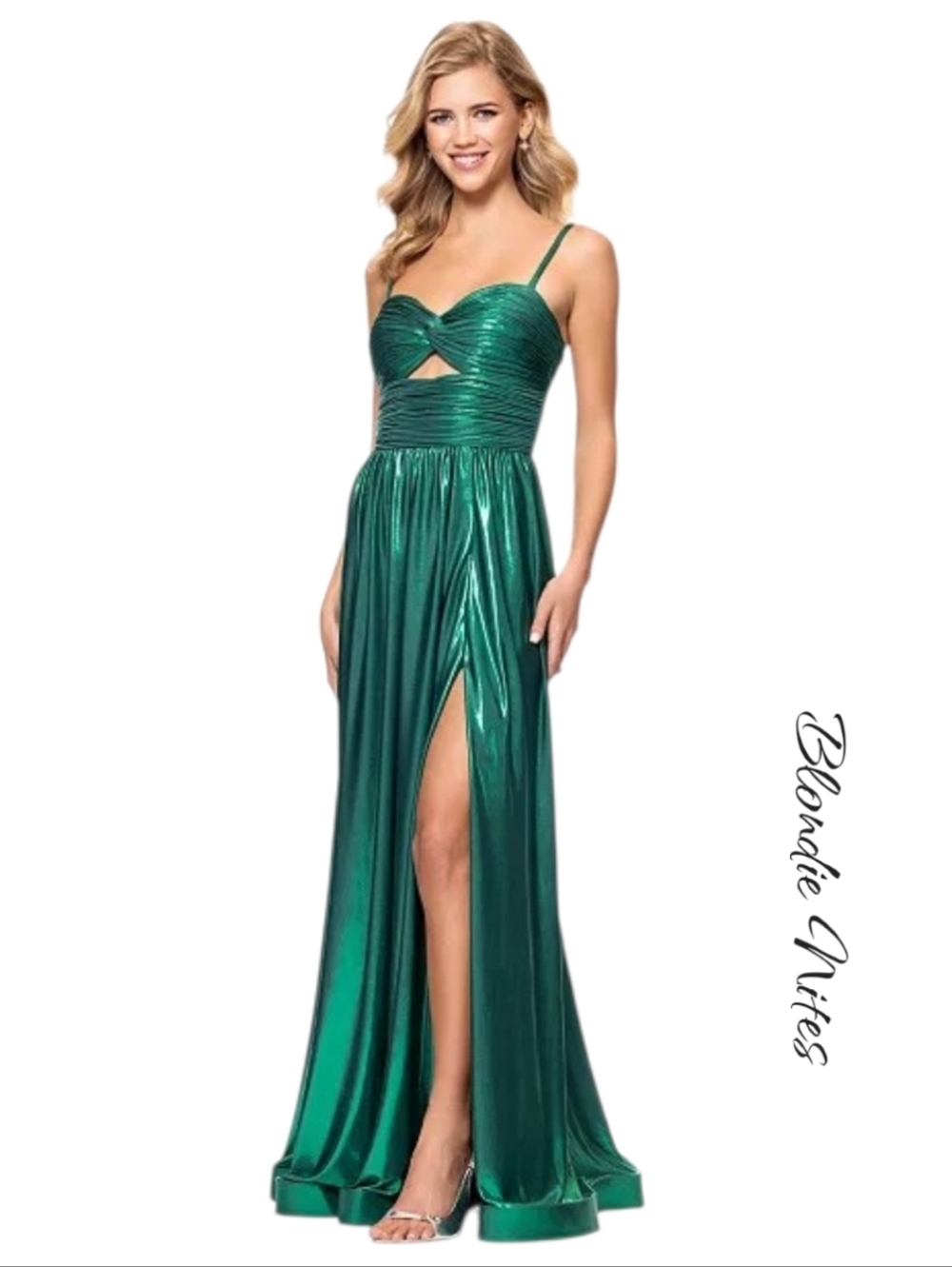 NWT Blondie Nites Juniors' Metallic Twist-Front Prom Dress- Green Sz 9